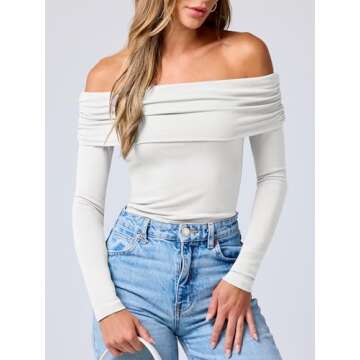 ANRABESS Womens Long Sleeve Off Shoulder Shirts Tight Fitted Going Out Y2K Sexy Ruched Tee Tops Blouses 2024 Trendy Outfits White Medium