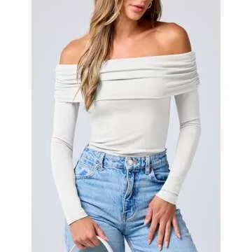 ANRABESS Womens Long Sleeve Off Shoulder Shirts Tight Fitted Going Out Y2K Sexy Ruched Tee Tops Blouses 2024 Trendy Outfits White Medium