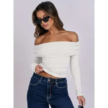 ANRABESS Womens Long Sleeve Off Shoulder Shirts Tight Fitted Going Out Y2K Sexy Ruched Tee Tops Blouses 2024 Trendy Outfits White Medium