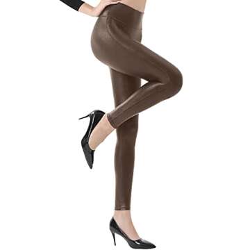 Retro Gong Womens Faux Leather Leggings Stretch High Waisted Pleather Pants Brown