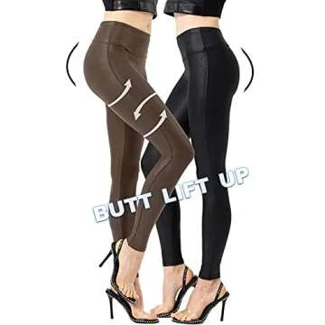 Retro Gong Womens Faux Leather Leggings Stretch High Waisted Pleather Pants Brown