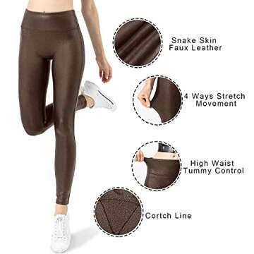 Retro Gong Womens Faux Leather Leggings Stretch High Waisted Pleather Pants Brown