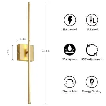 KARTOOSH Modern Wall Sconces Set of Two, Dimmable Hardwired Wall Sconces, 350° Rotate, LED Matte Gold Wall Light Fixtures, 3000K Warm Light Wall Lamp for Bathroom, Living Room, 24.4 Inch (2 Pack)