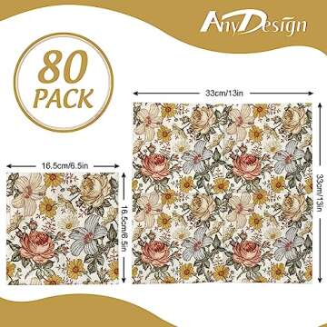 AnyDesign 80 Pack Vintage Floral Napkins Disposable Boho Flower Paper Luncheon Napkins 6.5 x 6.5 Inch Retro Peony Daisy Wildflower Dessert Dinner Hand Napkin for Wedding Birthday Bridal ShowerQ