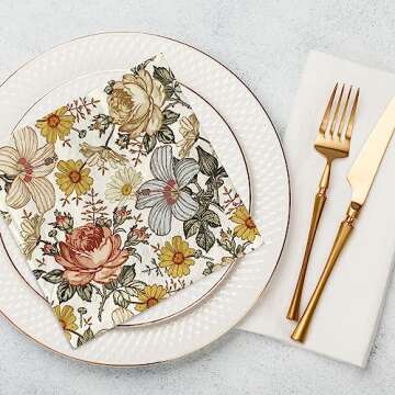 AnyDesign 80 Pack Vintage Floral Napkins Disposable Boho Flower Paper Luncheon Napkins 6.5 x 6.5 Inch Retro Peony Daisy Wildflower Dessert Dinner Hand Napkin for Wedding Birthday Bridal ShowerQ