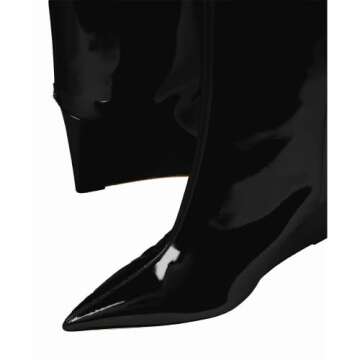 THESHY Women‘s Pointed Toe Knee High Boot Wedge Metallic High Heel Thigh High Boot Patent Leather Pull on Shoes