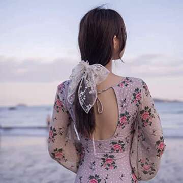 BVIIE Hair Bow Clip, Large Lace Hair Bow for Women Girls, Off White - Handmade Hair Accessories for Wedding Party Beach, Hair Scrunchies Hair Band, 7.9 x 6.7 inches