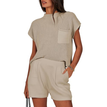 ANRABESS Women's Two Piece Summer Outfits: Chic Knit Sweater Set in Khaki