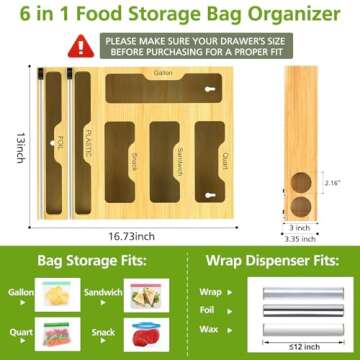 Lawmoliw Bag Storage Organizer for Kitchen Drawer, 6 in 1 Foil and Plastic Wrap Dispenser with Cutte...