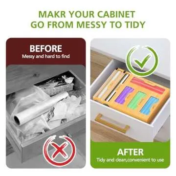 Lawmoliw Bag Storage Organizer for Kitchen Drawer, 6 in 1 Foil and Plastic Wrap Dispenser with Cutter, Bamboo Plastic Bag Food Baggie Organizer for Gallon, Quart, Sandwich, Snack