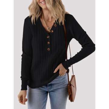 MEROKEETY Women's 2024 Long Sleeve V Neck Ribbed Button Knit Sweater Solid Color Tops Black