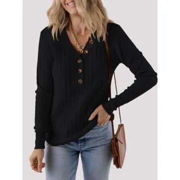 MEROKEETY Women's 2024 Long Sleeve V Neck Ribbed Button Knit Sweater Solid Color Tops Black