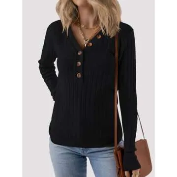 MEROKEETY Women's 2024 Long Sleeve V Neck Ribbed Button Knit Sweater Solid Color Tops Black