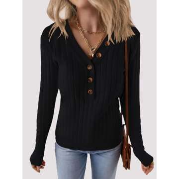 MEROKEETY Women's 2024 Long Sleeve V Neck Ribbed Button Knit Sweater Solid Color Tops Black