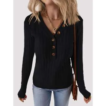 MEROKEETY Women's 2024 Long Sleeve V Neck Ribbed Button Knit Sweater Solid Color Tops Black