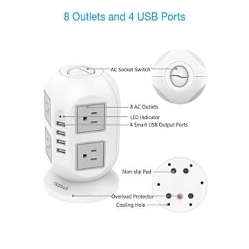 TESSAN Power Strip Tower: 8 AC Outlets & USB Charging