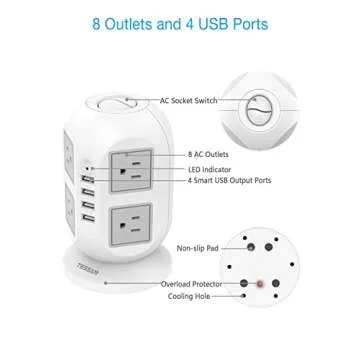 TESSAN Power Strip Tower: 8 AC Outlets & USB Charging