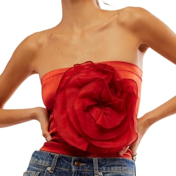 SOLILOQUY Women's 3D Flower Appliques Tube Tops Strapless Bandeau Crop Tops Party Club Crop Tank Cam...