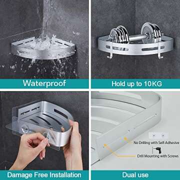 Hoomtaook Corner Caddy Bathroom Shower Shelf Wall Mounted No Drilling 2 Tier Storage Shelves Adhesiv...