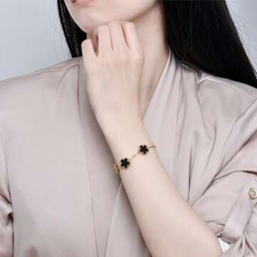 FLY FEI 18K gold-plate Five Leaf Grass Bracelet Link Bracelets Four Leaf Clover Bracelet Lucky Bracelets Birthday gift bracelet Jewelry Gifts Jewelry Gifts Trendy for Women (style05-Blue+Black+White+Golden（4PCS）)