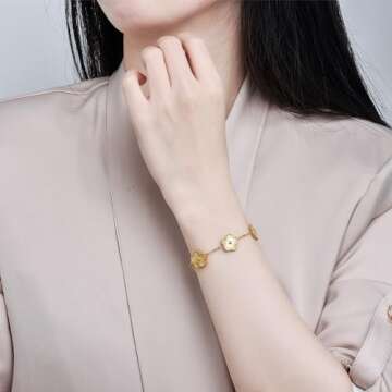 FLY FEI 18K gold-plate Five Leaf Grass Bracelet Link Bracelets Four Leaf Clover Bracelet Lucky Bracelets Birthday gift bracelet Jewelry Gifts Jewelry Gifts Trendy for Women (style05-Blue+Black+White+Golden（4PCS）)