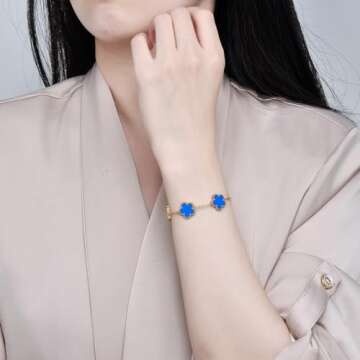 FLY FEI 18K gold-plate Five Leaf Grass Bracelet Link Bracelets Four Leaf Clover Bracelet Lucky Bracelets Birthday gift bracelet Jewelry Gifts Jewelry Gifts Trendy for Women (style05-Blue+Black+White+Golden（4PCS）)