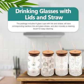 Stylish 16 oz Drinking Glass Set with Bamboo Lids