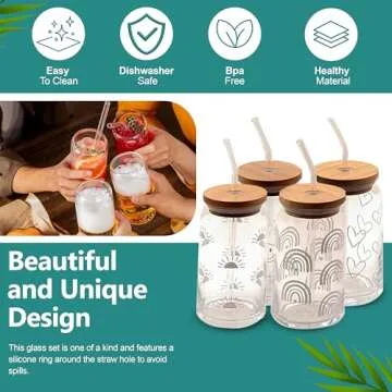 Stylish 16 oz Drinking Glass Set with Bamboo Lids