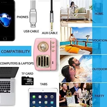 Dosmix Portable Bluetooth Stereo Speaker, Enhanced Bass Retro Wireless Vintage Speaker with TF Card Slot, Built-in Mic for Travel, Home, Beach, Kitchen for Android/iOS Devices (Pink)