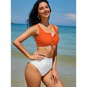 ZAFUL Women's High Waisted Bikini Scoop Neck Swimsuit Two Pieces Bathing Suit Orangewhite M