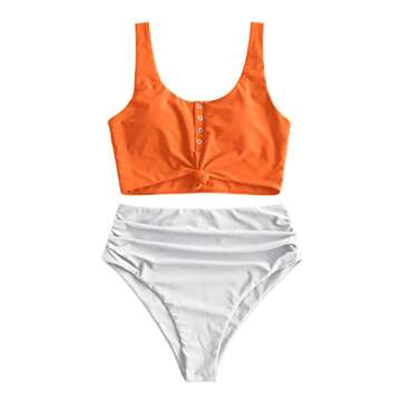 ZAFUL Women's High Waisted Bikini Scoop Neck Swimsuit Two Pieces Bathing Suit Orangewhite M
