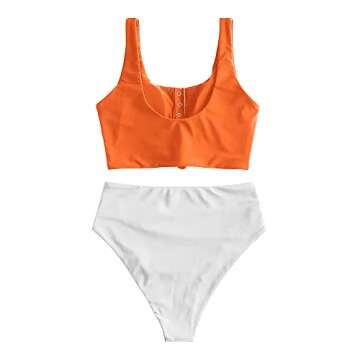 ZAFUL Women's High Waisted Bikini Scoop Neck Swimsuit Two Pieces Bathing Suit Orangewhite M