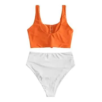 ZAFUL Women's High Waisted Bikini Scoop Neck Swimsuit Two Pieces Bathing Suit Orangewhite M