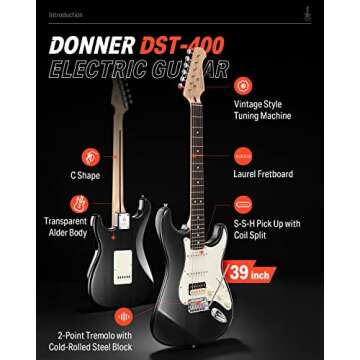 Donner 39 Inch Electric Guitar, Seeker Series DST-400 Solid Alder Body Electric Guitar for Intermedi...