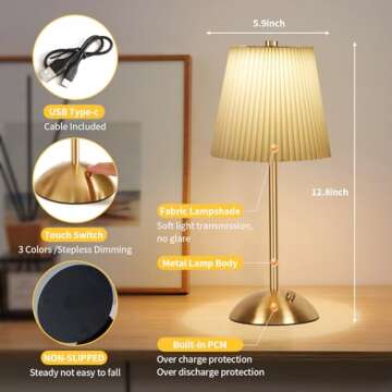 Portable Cordless Table Lamp, Fabric Shade Desk Lamps, 3000mAh Rechargeable Battery Operated Light, 3Color Dimmable Touch Lamp for Dining Room, Living Room, Bedroom, Bedside, Kitchen, Bathroom (Brass)