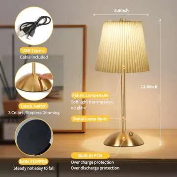Portable Cordless Table Lamp, Fabric Shade Desk Lamps, 3000mAh Rechargeable Battery Operated Light, 3Color Dimmable Touch Lamp for Dining Room, Living Room, Bedroom, Bedside, Kitchen, Bathroom (Brass)