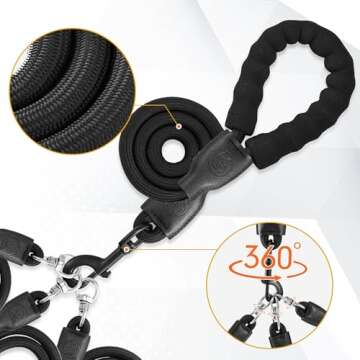 Heavy Duty Three Dog Leash with Padded Handle and 360° Swivel