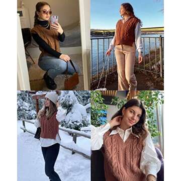 Cropped Sweater Vest for Women V Neck Sleeveless Knit Solid Casual Ribbed Preppy Pullover Tops Coffe...