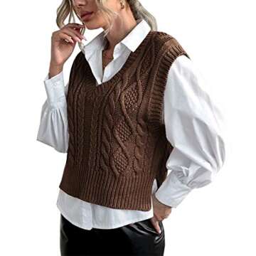 Cropped Sweater Vest for Women V Neck Sleeveless Knit Solid Casual Ribbed Preppy Pullover Tops Coffee S