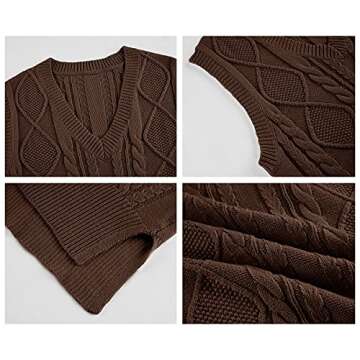 Cropped Sweater Vest for Women V Neck Sleeveless Knit Solid Casual Ribbed Preppy Pullover Tops Coffee S