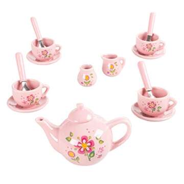 Hey! Play! Kids Tea Set-Mini Porcelain Tea Party 17pc. Playset with Cups, Saucers, Spoons, Teapot, Carrying Basket-Pink Flower Design-Pretend Play (80-TK127667) , White