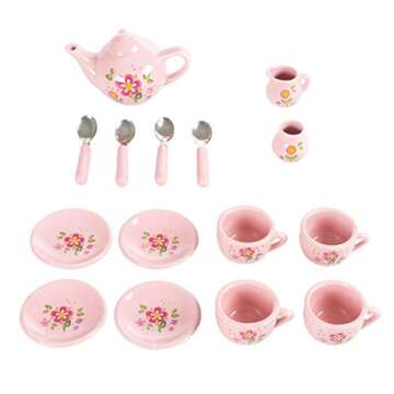 Hey! Play! Kids Tea Set-Mini Porcelain Tea Party 17pc. Playset with Cups, Saucers, Spoons, Teapot, Carrying Basket-Pink Flower Design-Pretend Play (80-TK127667) , White