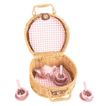 Hey! Play! Kids Tea Set-Mini Porcelain Tea Party 17pc. Playset with Cups, Saucers, Spoons, Teapot, Carrying Basket-Pink Flower Design-Pretend Play (80-TK127667) , White