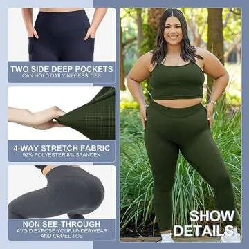 Plus Size Leggings - 3 Pack with Pockets for Women - Tummy Control