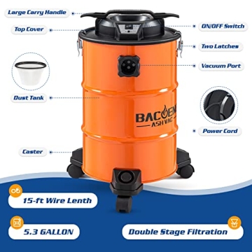BACOENG 5.3-Gallon Ash Vacuum with 10 Amp Power