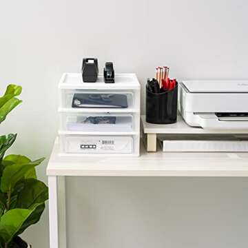 IRIS USA Medium 3-Drawer Desktop Organizer with Open Tray Top, 2 Pack, Plastic Drawer Storage Container for Stationery Art Craft Supplies, White