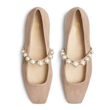 FOWT Women Square Toe Slip on Flats Pearl Studded Strap Elegant Pumps Wedding Bride Prom Dressy Shoes Size 5 Nude