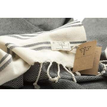 SMYRNA TURKISH COTTON Heritage Series Turkish Beach Towel Oversized, 37x71 inch, Extra Large Quick Dry Sand Free Beach Blanket, Lightweight Cotton Pool, Spa, Travel, Gym, Adult Bath Towel, Black