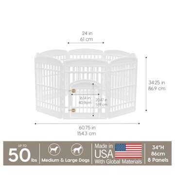 IRIS USA 34" Exercise 8-Panel Pet Playpen with Door, Dog Playpen for Medium and Large Dogs, Keep Pets Secure, Easy Assemble, Fold It Down, Easy Storing, Customizable, White