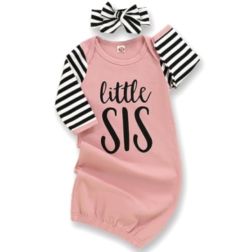 AMAWMW Newborn Girl Little Sister Sleeper Gown - Stylish Stripes